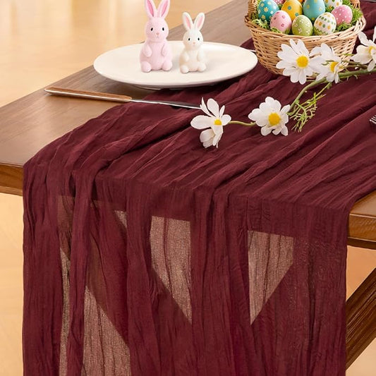 Socomi Burgundy Red Summer Table Runner Cheesecloth Boho Rustic Gauze 120 inch 10FT Cheese Cloth Sheer Runner for Wedding Party Baby Shower Birthday Home Decor Holiday Decorations