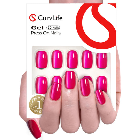 Curvlife 30pcs Press on Nails, Acrylic Fake Nail with Apricot Design, Full Cover False Nails Tips Glossy Nude Glue on Nails Artificial Stick on Nails for Women (Chrome hot pink, Short)
