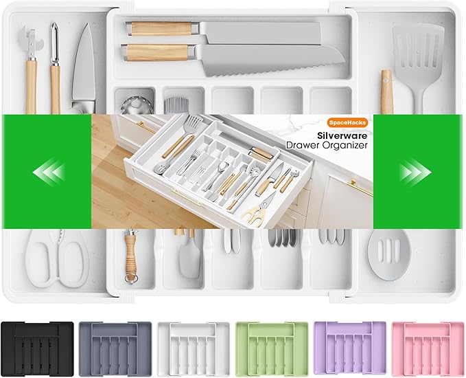 SpaceHacks Silverware Organizerï¼Adjustable & Expandable Utensil Drawer Organizer, BPA Free Utensil Holder, Cutlery Tray for Forks, Spoons, Knives in Kitchen, Large, White
