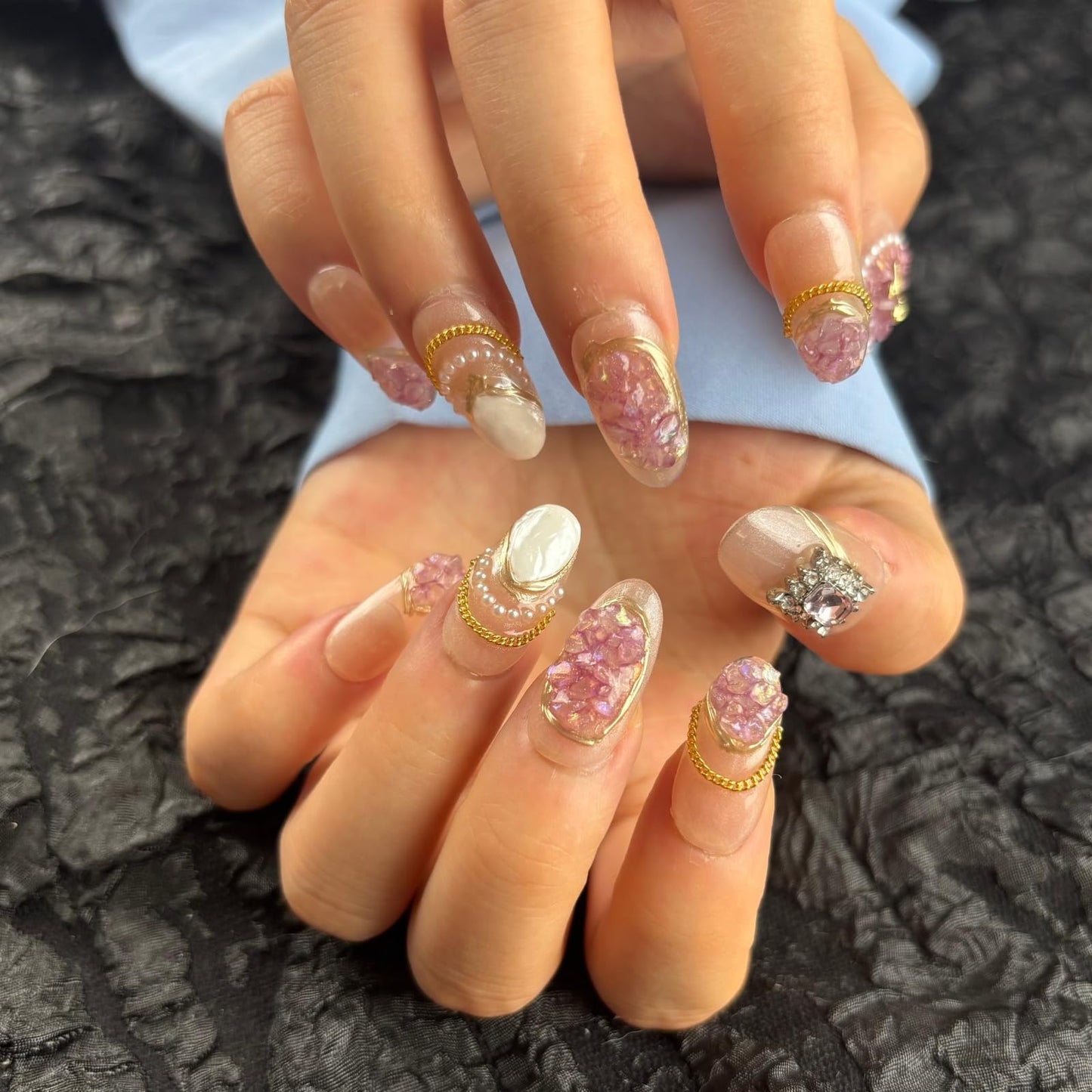 AKA Unicorn Handmade Press On Nails Medium Oval,Gold Chain&Pearl French Nail Tip,10Pcs Acrylic Fake Nails with Charm Design,Glue On Nail with 3D Rhinestone Stick On Woman Fingernails