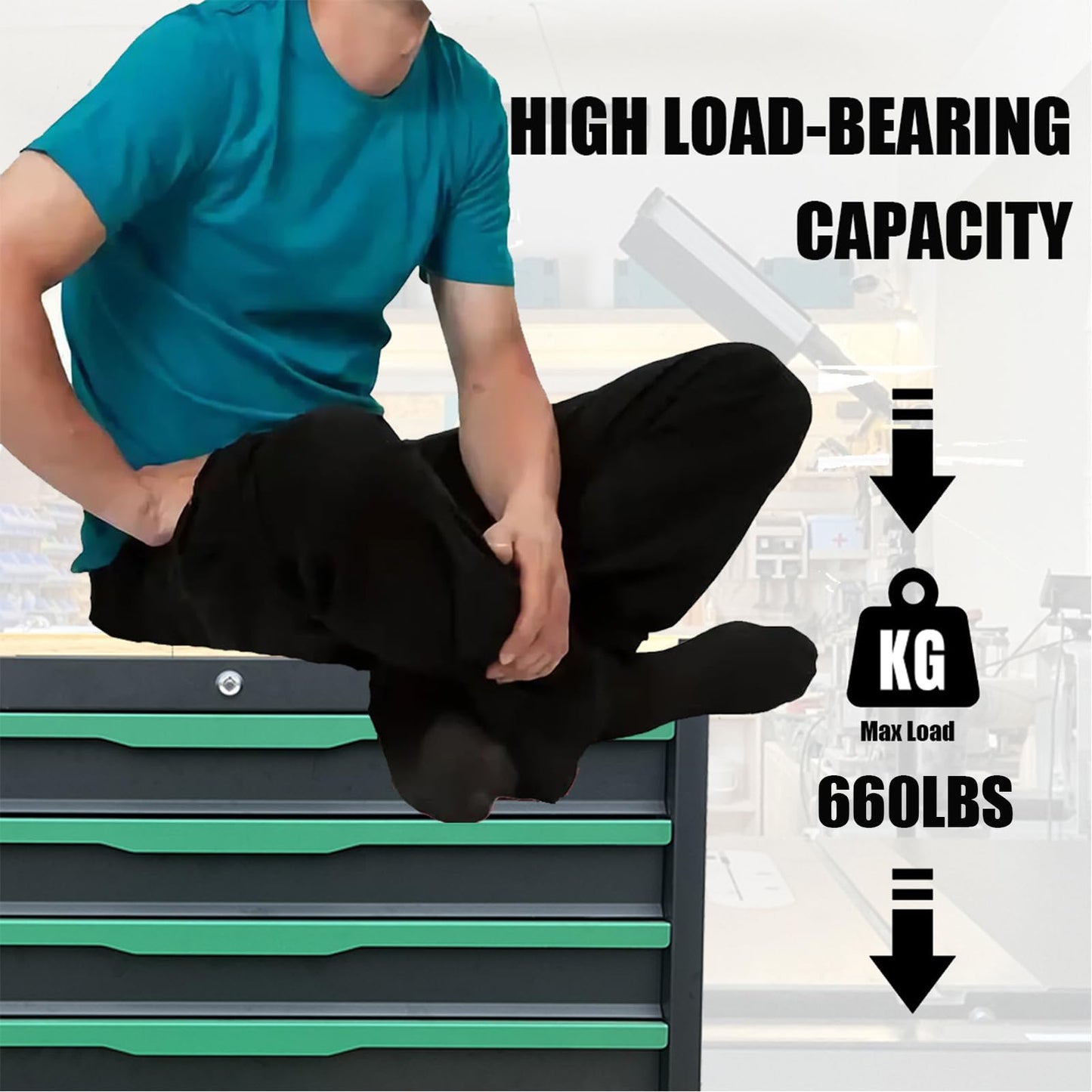 Griplier 7-Drawer Tool Chest with Wood Top, 31.3W x 18.9D x 32.3H inches, Black and Green，Locking Rolling Tool Box with Wheels,Mechanic Tool Cabinets for Garage, Warehouse,Repair Shop,Workshop