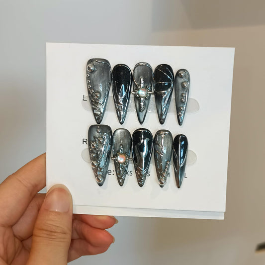 TENPAL Cat Eye Black & Mirror Powder Gradient Obsidian Press on Nails Long Stiletto,Hand-Painted Butterfly & Meteor Designs Fake Nails with Tools,3D Crystal Gothic Punk Nail Kit with Tools 10pcs(L)