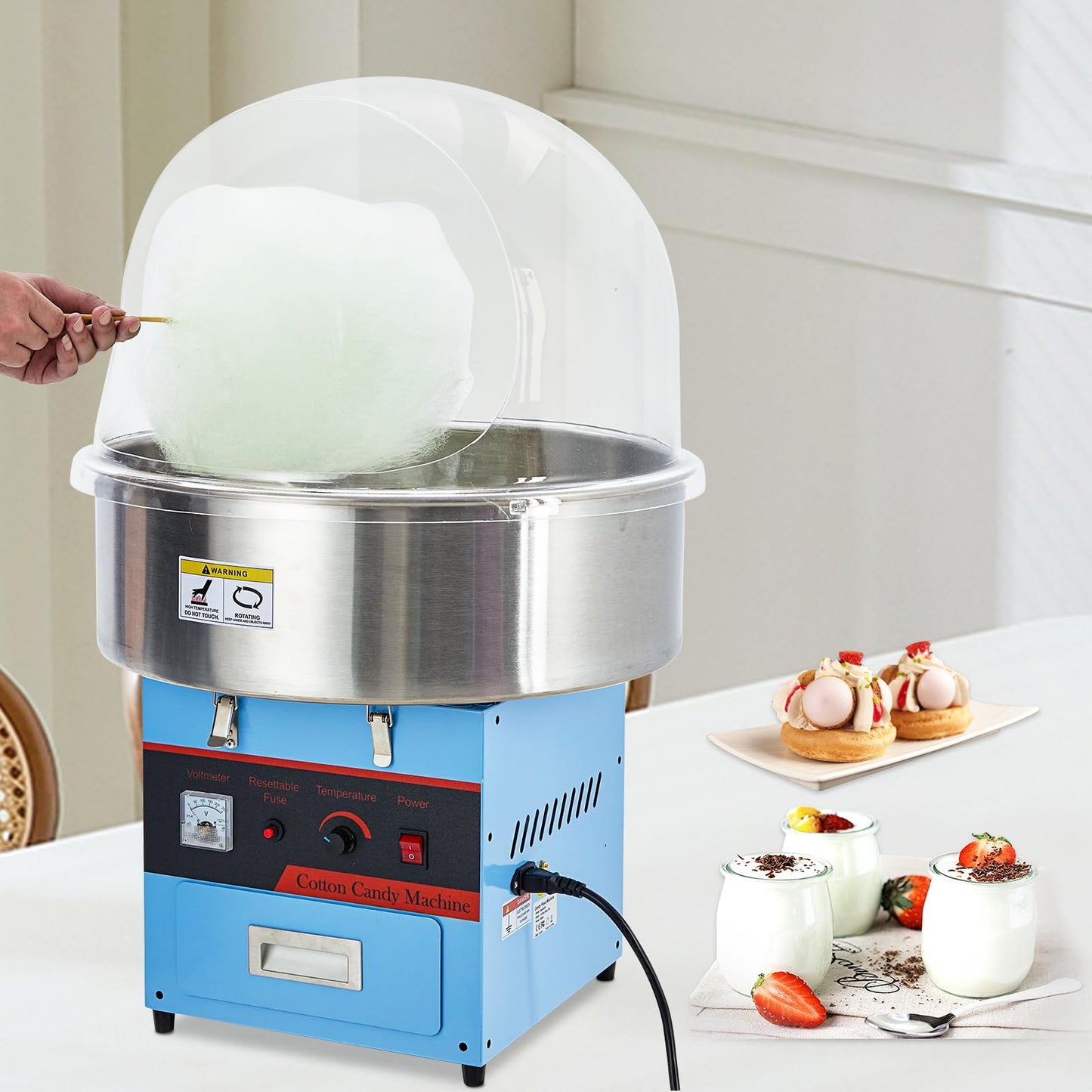 GarveeTech Electric Cotton Candy Machine With Bubble Cover - 1000W Commercial Floss Maker, Stainless Steel Bowl, Sugar Scoop, Drawer, Pink, Ideal for Home & Parties, Blue(no cover)