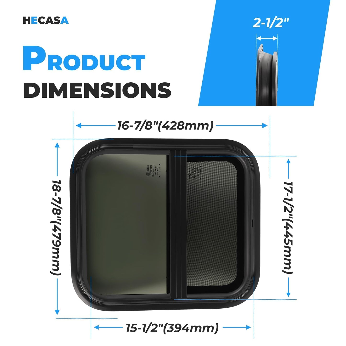 HECASA RV Sliding Window 17.5" X 15.5" w/Mesh Screen & Trim Ring For Vertical Trailers, Motor Homes, Engineering Vehicles Side Window Replacement Tempered Glass Aluminium Black 2Pcs