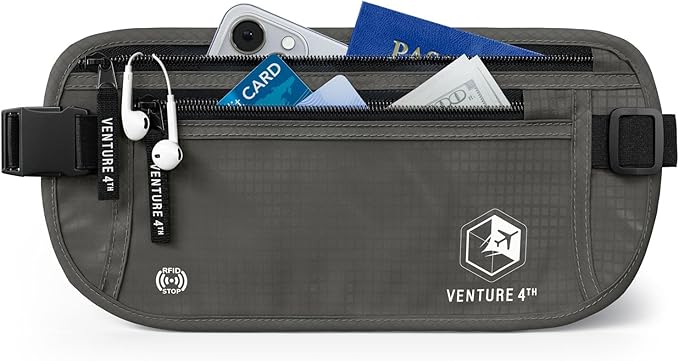 VENTURE 4TH Money Belt for Travel Ã¢ÂÂ Hidden Under-Clothes RFID Blocking Passport Holder & Slim Travel Wallet Pouch for Men & Women to Protect Cash, Cards & Documents (Gray)
