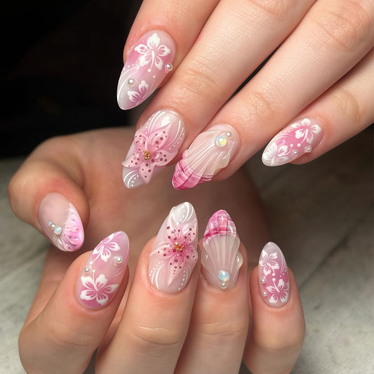 24Pcs Pink Flower Press on Nails Medium Almond Fake Nails with Pearl Rhinestones Summer Hibiscus Flowers Acrylic Nails 3D Shell French Tip False Nail Pink Beach Full Cover Stick on Nails for Women