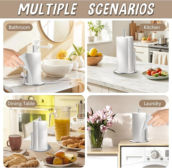 Paper Towel Holder Countertop, Premium Stainless Steel Silver Paper Towel Holder with Anti Slip & Waterproof, Freestanding Countertop Paper Towels Holder for Kitchen, Tabletop, Bathroom