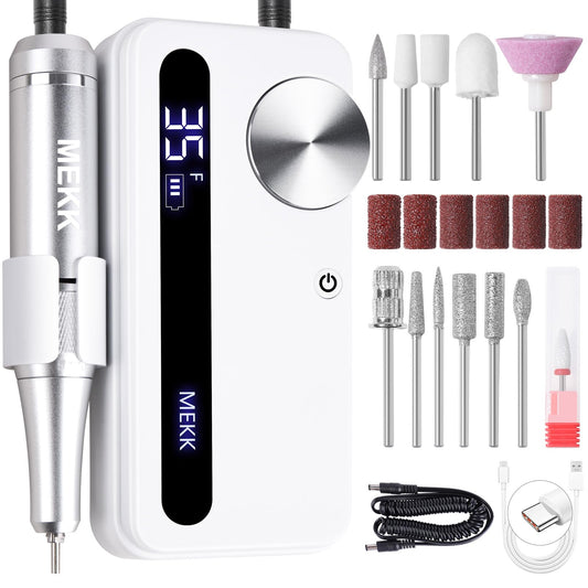 MEKK Nail Drill Kit,35000RPM Electric Nail Drill Professional Electric Nail File with 12PCS Bits,Anti-Shaking Cordless E Filer for Nails with LCD Display,Home & Salon (White)