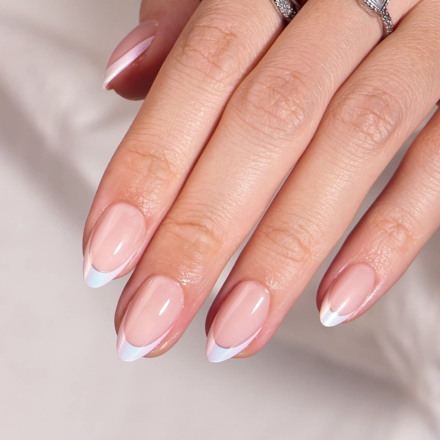 BTArtbox French Tip Press On Nails - White Press On Nails Almond, Short Fake Nails with Nail Glue, Fit Perfectly & Natural Reusable Stick on Nails in 16 Sizes, Mermaid