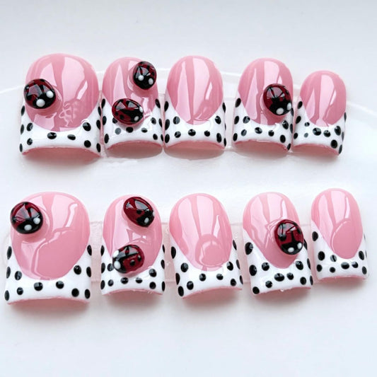 Threelegscat Short Handmade Duck Pink Press on Nails Acrylic White French Tips with Polka Dot Salon Quality Fake Nails 10 PCS Size M for Women & Girl,Daily Wear p10