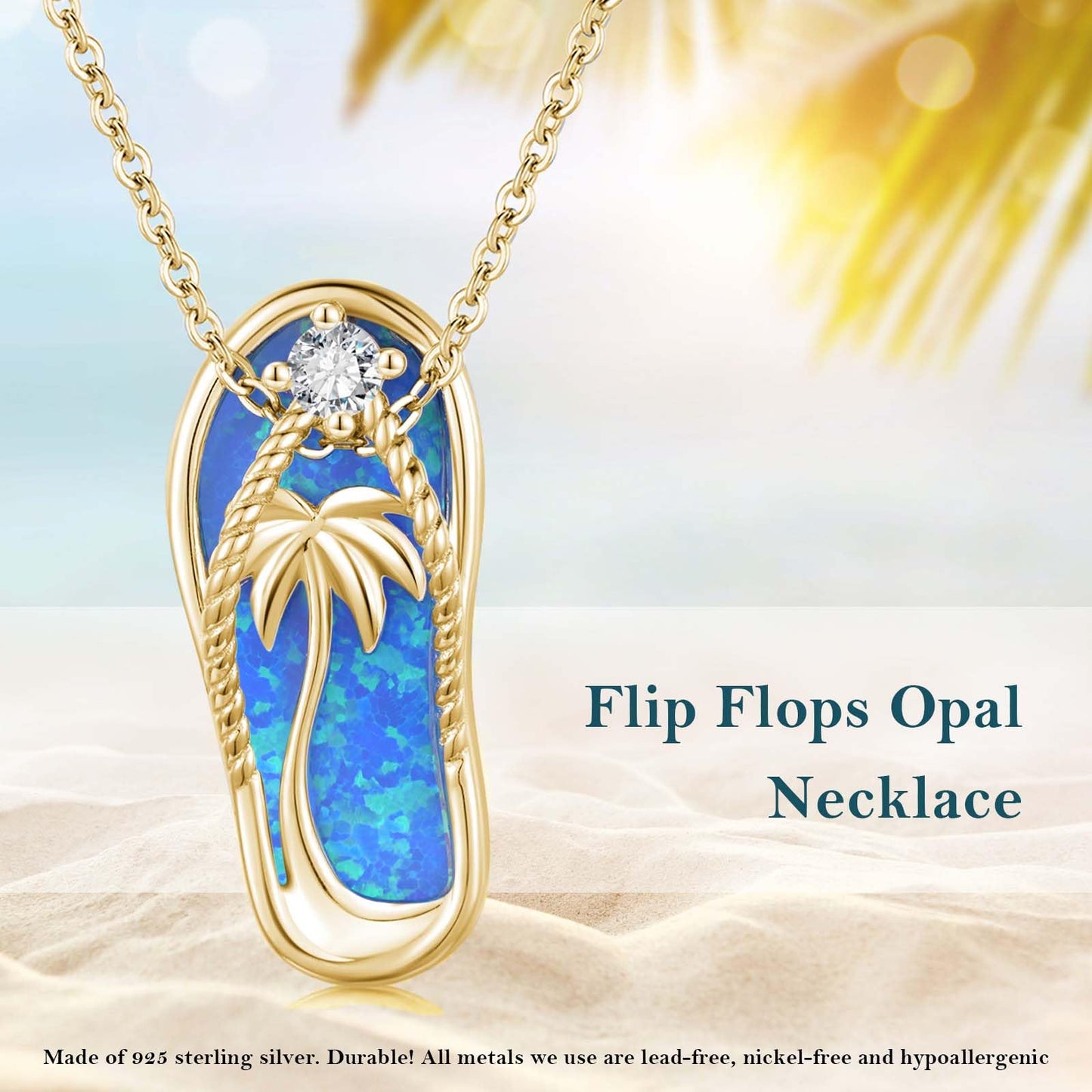 Midir&Etain 14K Gold Plated Beach Themed Jewelry – Blue Opal Flip Flops Necklace and Earrings