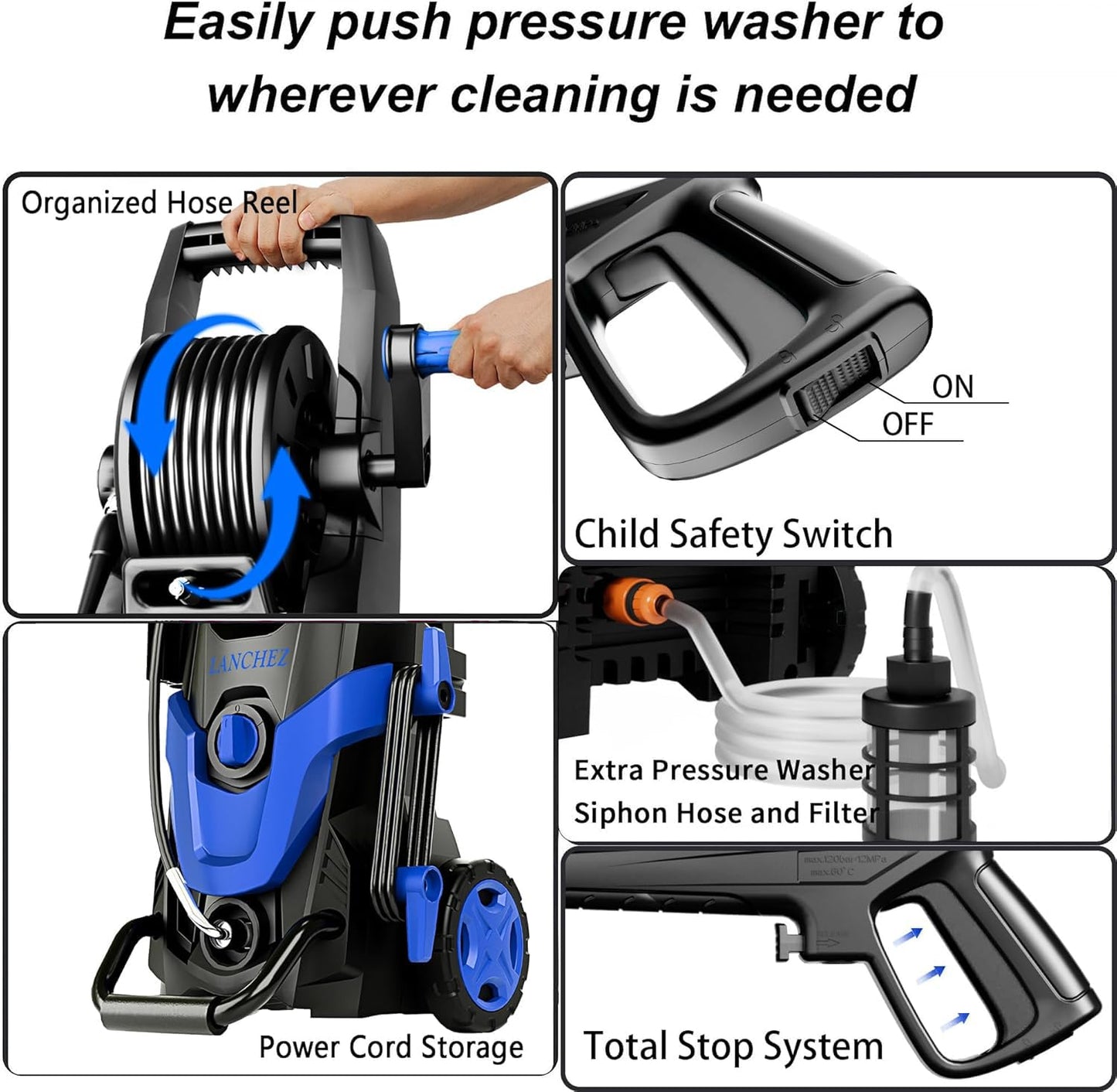 2026 Upgrade Pressure Power Washer 4800PSI w/4 Quick Connect Nozzles, Inlet Hose & Filter&500ML Soap Tank, High Cleaning Machine for Cars/Fences/Driveways/Patios/Home Cleaning,Blue