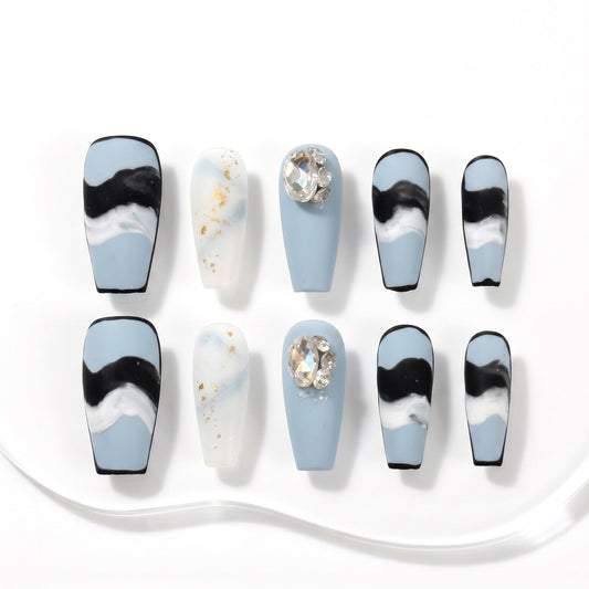 Sun&Beam Nails Handmade Long Coffin Ballerina Black Blue False Nail Tips with Cute 3D Diamond Popular Charm Design Press On Nails 10 Pcs (#71 M) (FN-HM-071-M.AU)
