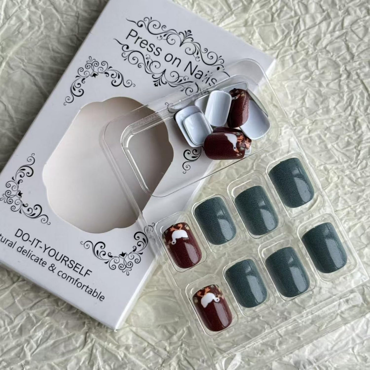 24pcs Cute Press on Nail Short Square Fake Nails with Goose designs Stick on Nail Green Grey Brown Press ones Glossy Full Cover Glue on Nails Reusable False Nails for Women Work