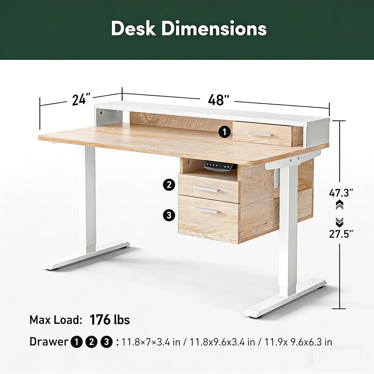 CubiCubi Standing Desk with Wood Drawers, 48" x 24" Electric Height Adjustable Table with Monitor Shelf, 3 Drawers and Open Storage, Computer Home Office Sit and Stand up Workstation, Maple