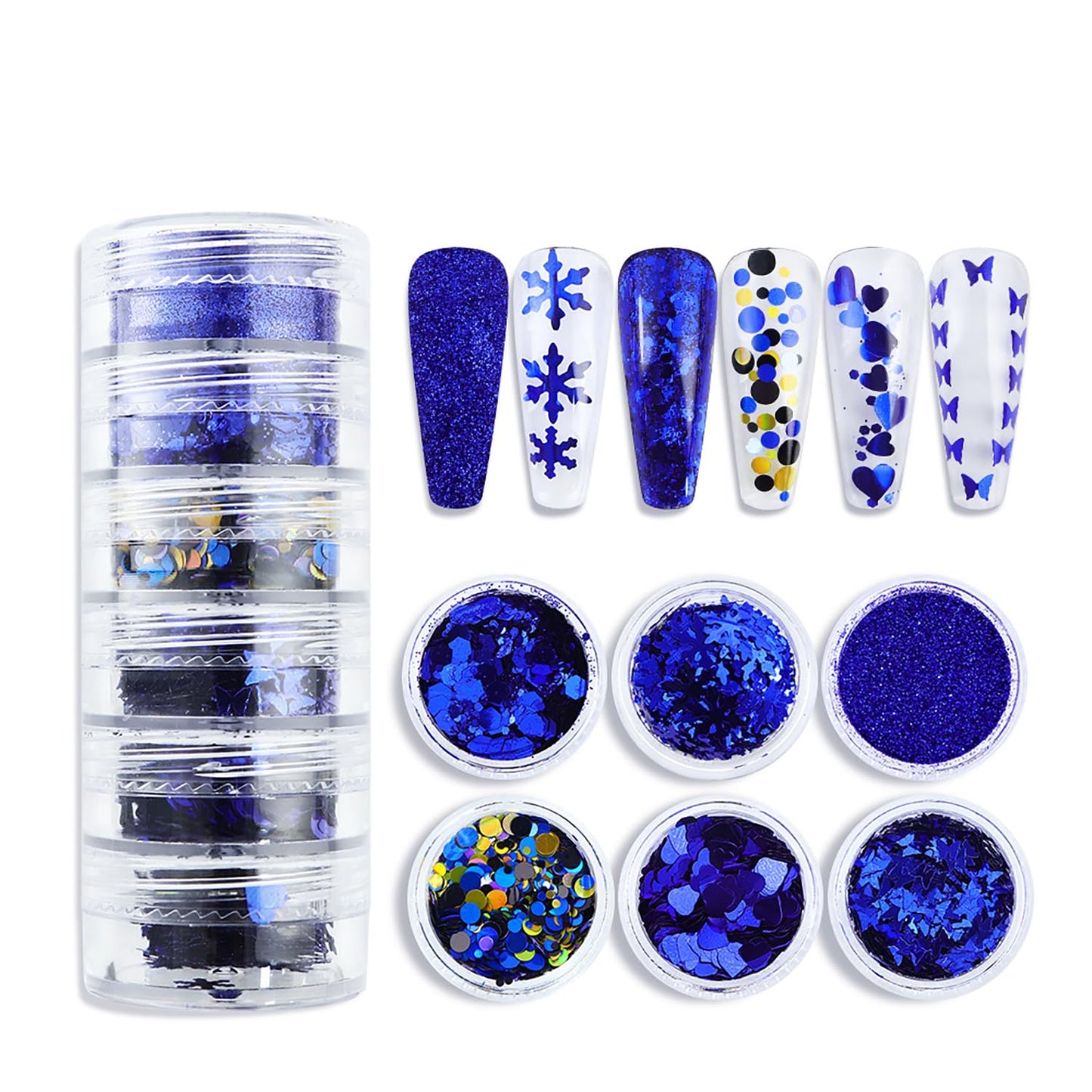 Christmas Dark Blue Snowflake Nail Art Glitter Flakes, Mixed Blue Manicure Fine Gitte Powder, Butterfly Nail Art Sequins Supplies for Women Manicure Charms Decorations, DIY Sparkly False Nails Crafts