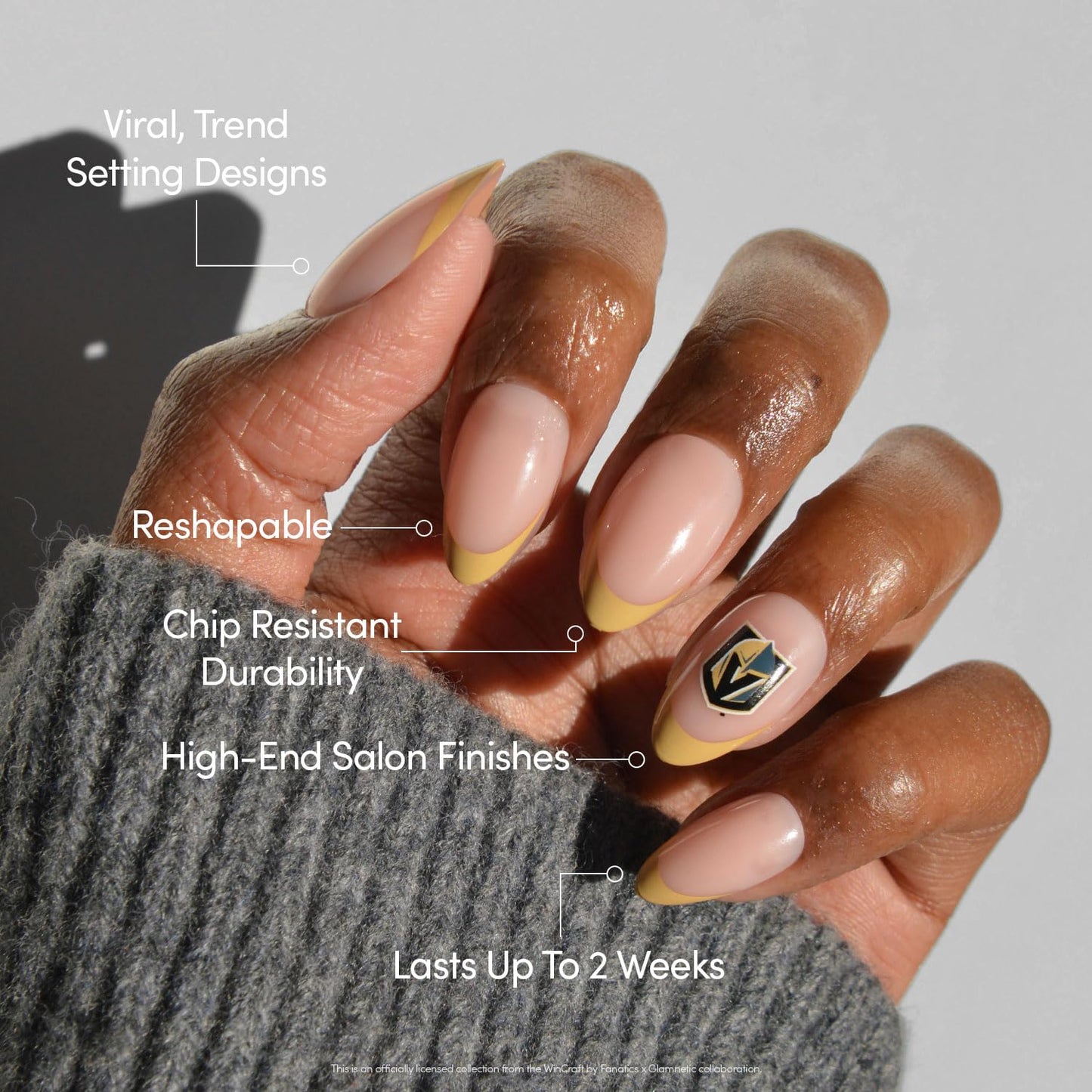 Glamnetic x Fanatics Press On Nails - Vegas Golden Knights | Short Almond Fake Nails, NHL Knights Gold French Tips, Hockey Nails, Salon-Quality | 15 Sizes - 30 Nail Kit with Glue