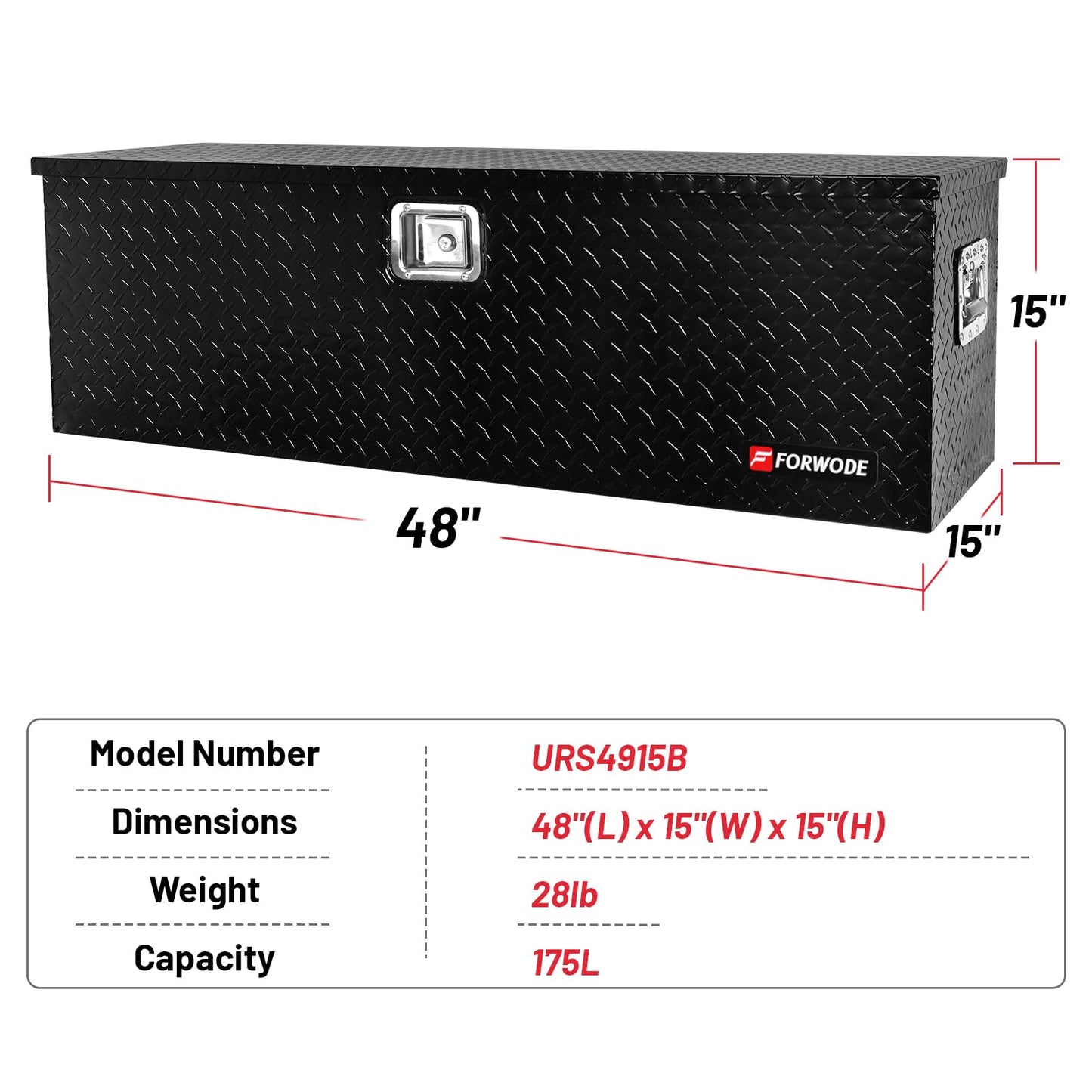 FORWODE 48 Inch Aluminum Truck Tool Box for Pickup Truck Bed RV Toolbox Truck Bed Toolboxes Heavy Duty Waterproof Truck Storage Organizer Chest with Handle and Lock - Black