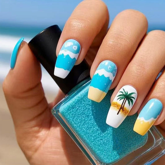 24Pcs Summer Sea Press on Nails Beach Acrylic Medium Coffin Fake Nail Coconut Palm Gel Glue on Nail Glossy White French Tips False Nails Curve Stick on Fingernails for Coquette Women Girls
