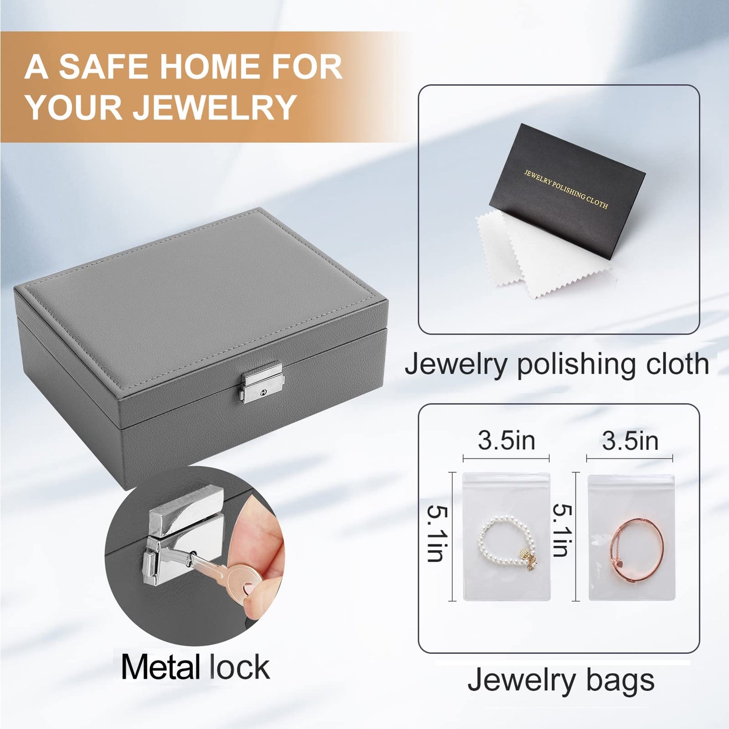 Jewelry Box for Women Girls 2 Layer Leather Travel Jewelry Organizer Storage Case with Lock and Removable Tray for Necklace Earrings Rings Bracelets Gift, Come with Polishing Cloth and Jewelry Bags