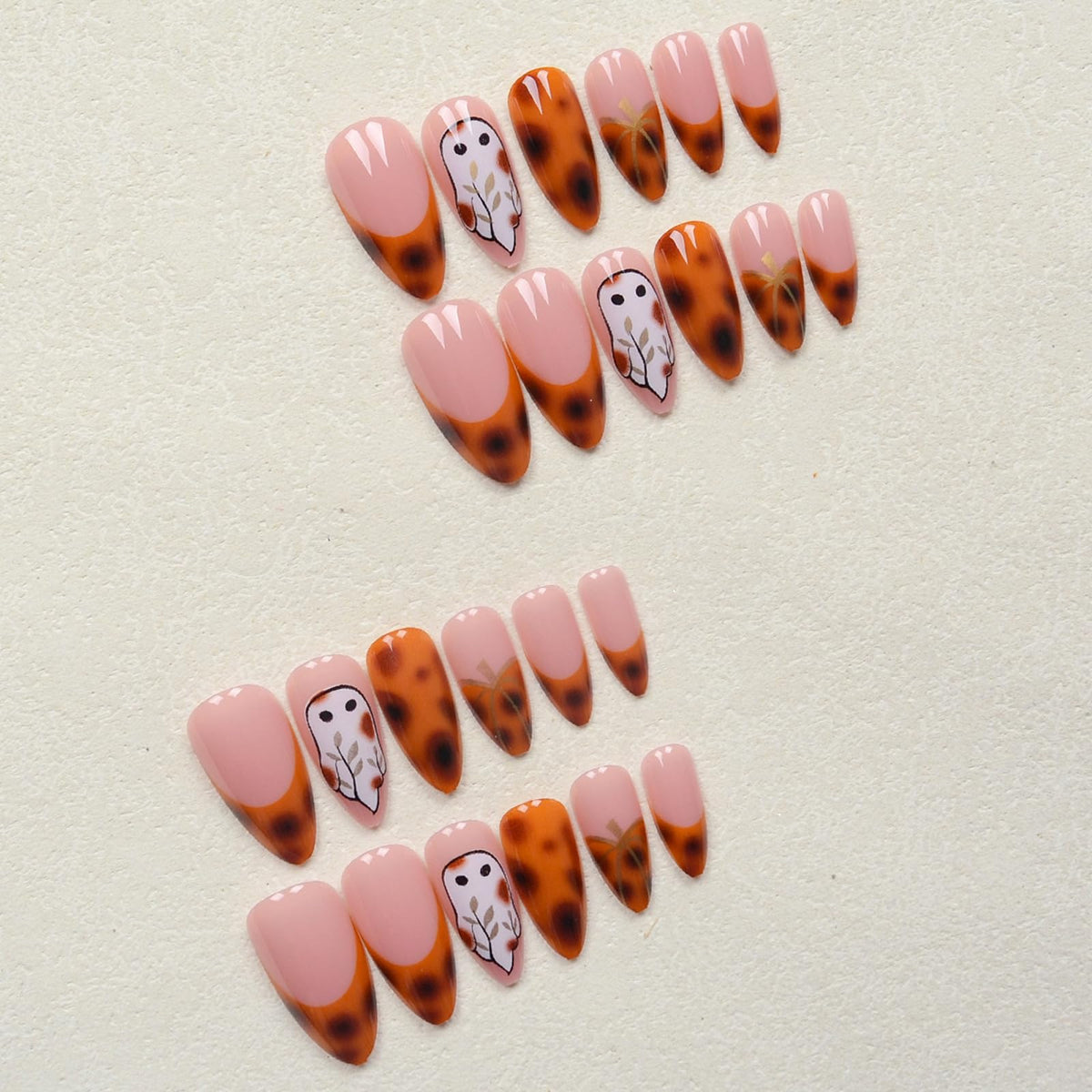IMSOHOT Halloween Press on Nails - Medium Almond Handmade Fake Nails, Brown Amber Pumpkin French Nail Tips, Cute Ghost Designs, Full Cover Acrylic Glossy Fall False Nails 24Pcs