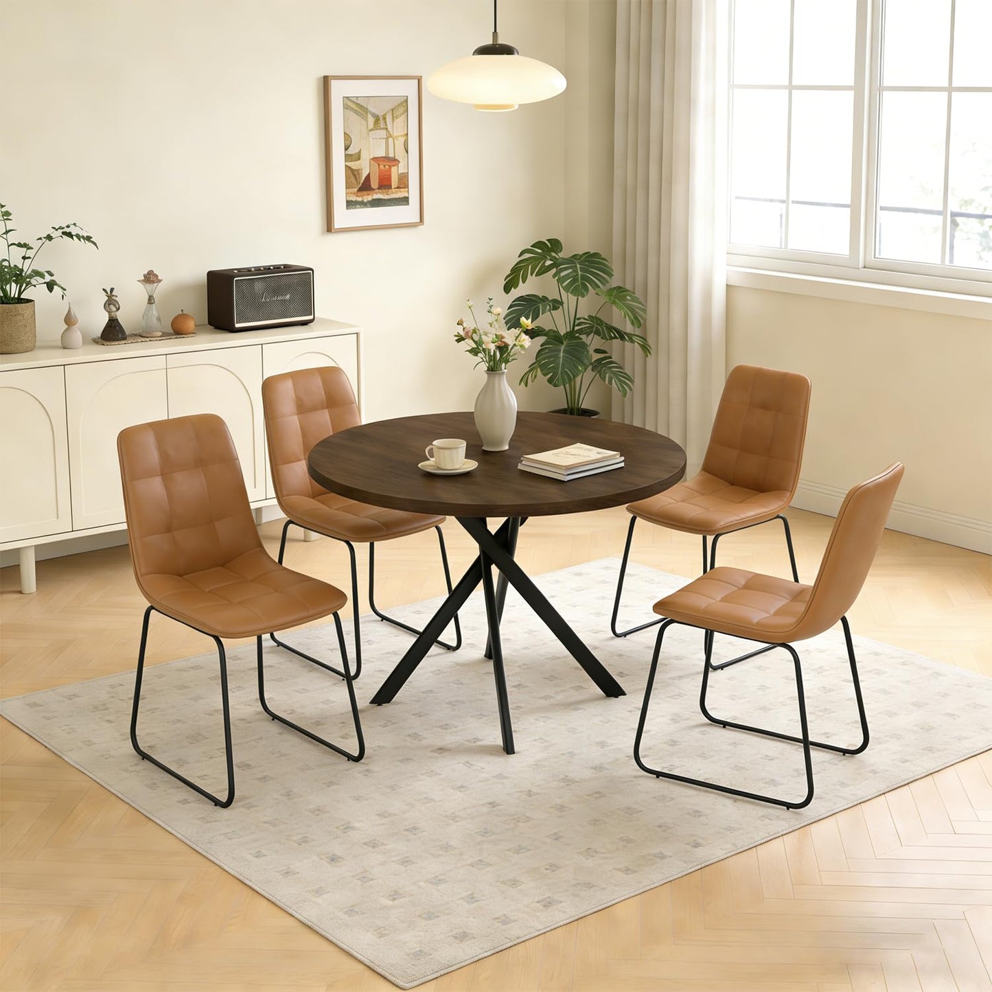 domusdisn 44" Round Dining Table with Cozy Chair Set for 4, Modern Mid-Century Dining Table Set of 4, Dinette Sets with Metal Leg for Kitchen Dining Room Apartment(Walnut Table + Brown Chairs)