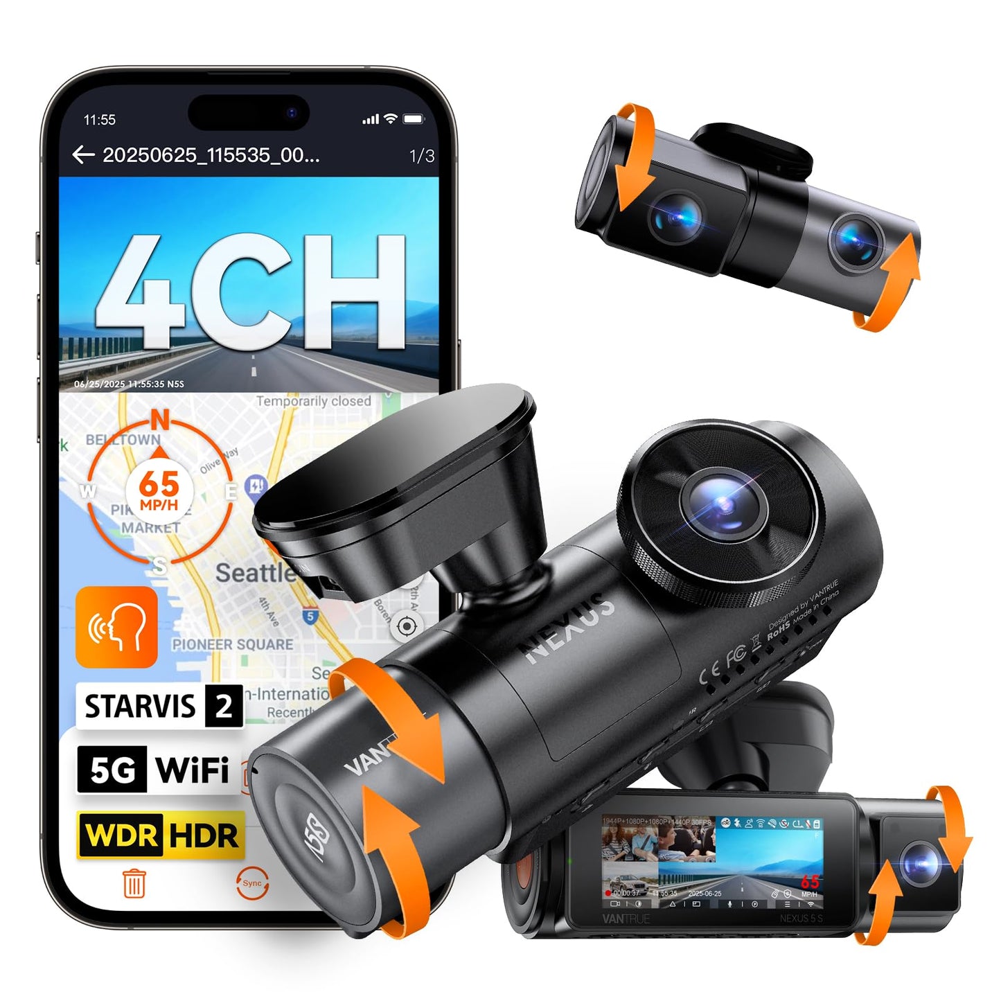 Vantrue N5S 4 Channel 360 Degree 2.7K Dash Cam, 4CH STARVIS 2 Night Vision, 2.7K+1080P*2+1440P Front Rear Inside Dashcam, 24/7 Buffered Parking Mode, WiFi, Voice Control, Dual GPS, Support 1TB Max