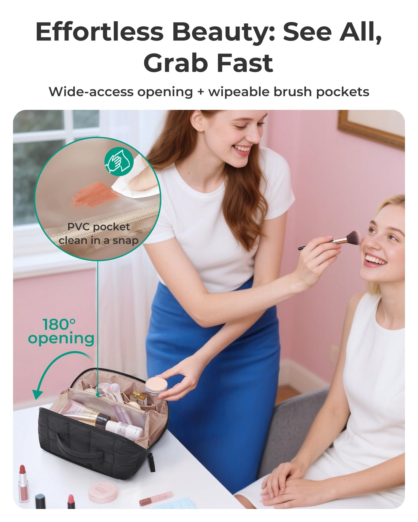 BAGSMART Travel Makeup Bag for Women, Portable Water-resistant Cosmetic Case, Puffy Padded Make Up Organizer Pouch, Open Flat Toiletry Bag for Toiletries, Brushes, Light Beige