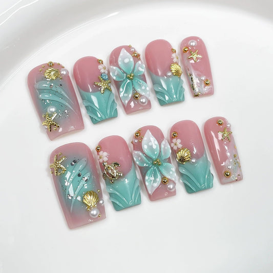Luxury Handmade Press on Nails Medium Square Fake Nails Blue French False Nails with Ombre 3D Flower Art Design Acrylic Nails Handmade Stick on Nail for Women Manicure 10Pcs (Size M)