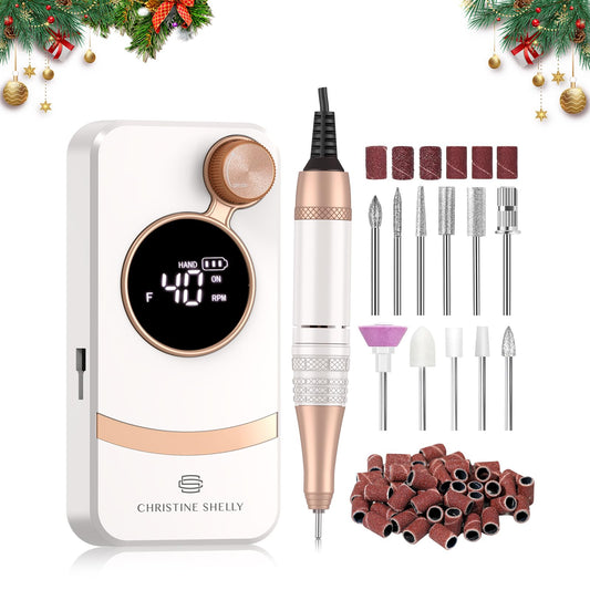 CHRISTINE SHELLY Electric Nail Drill,40000RPM Cordless Nail File Diamond with 12 Drill Bits for Acrylic Nails Gel Polishing,E File Nail Kit Machine for Manicure Salon Home (White)