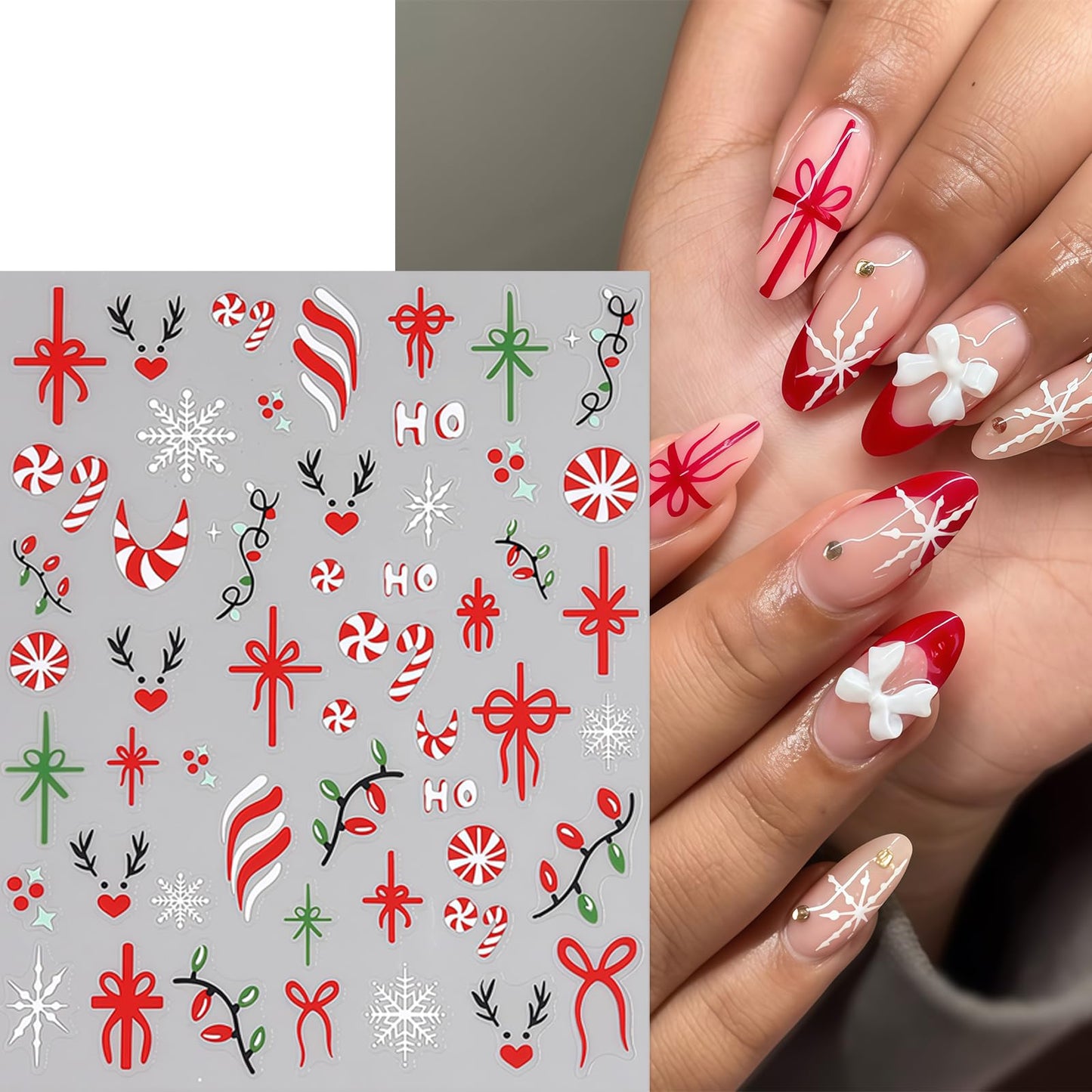 Christmas Gift Bow Nail Art Stickers 3D Self-Adhesive Christmas Candy Nail Art Stickers Christmas Elk Light Nail Decals Snowflake Bow HO Letter Nail Design Nail Supplies for Women DIY Nail Decorations