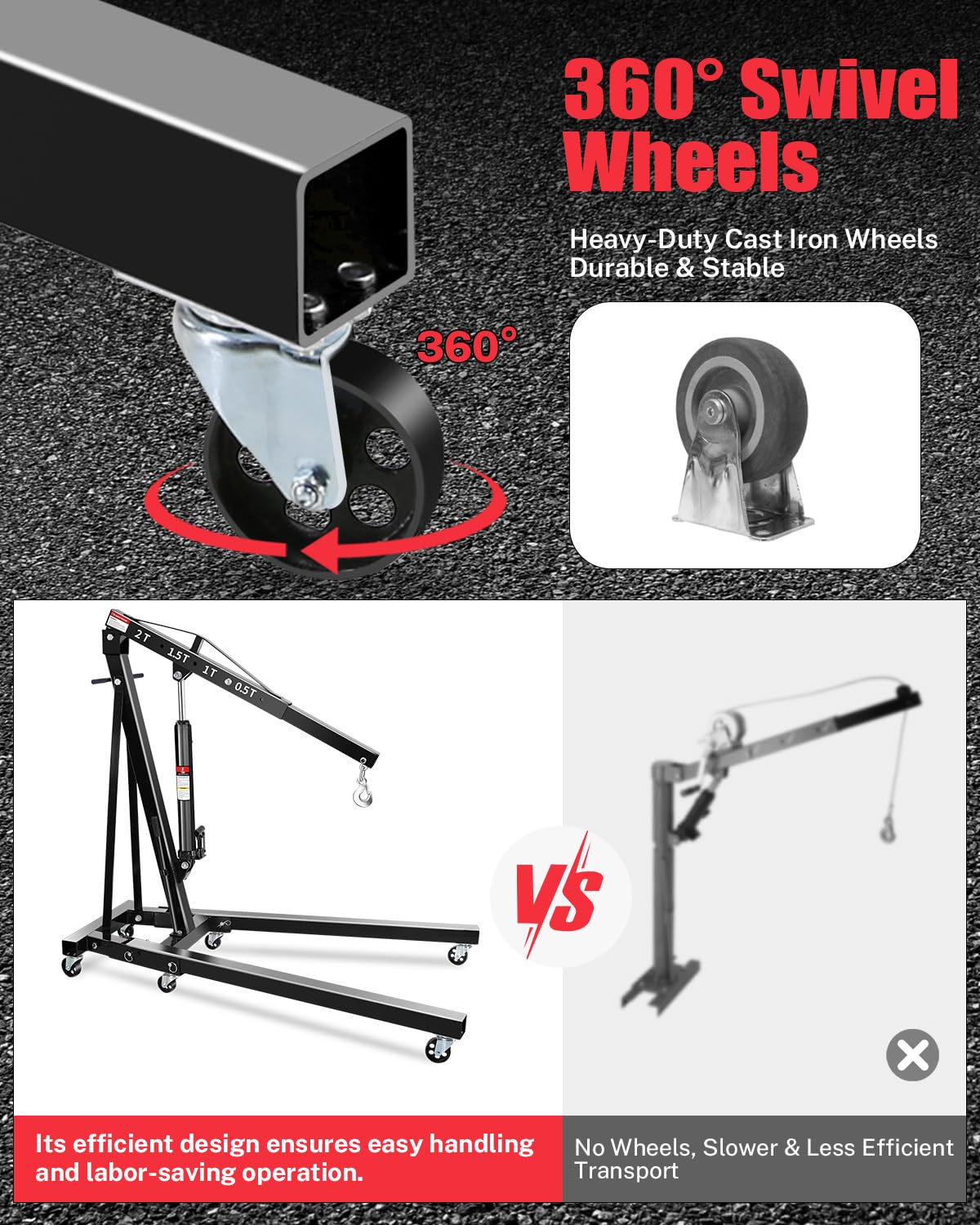 2-Ton Shop Crane, Hydraulic Folding Engine Hoist w/6 Steel Casters - Lift Car Transmissions, Boat Motors, Farm Equipment (Net Wt. 157 lbs)