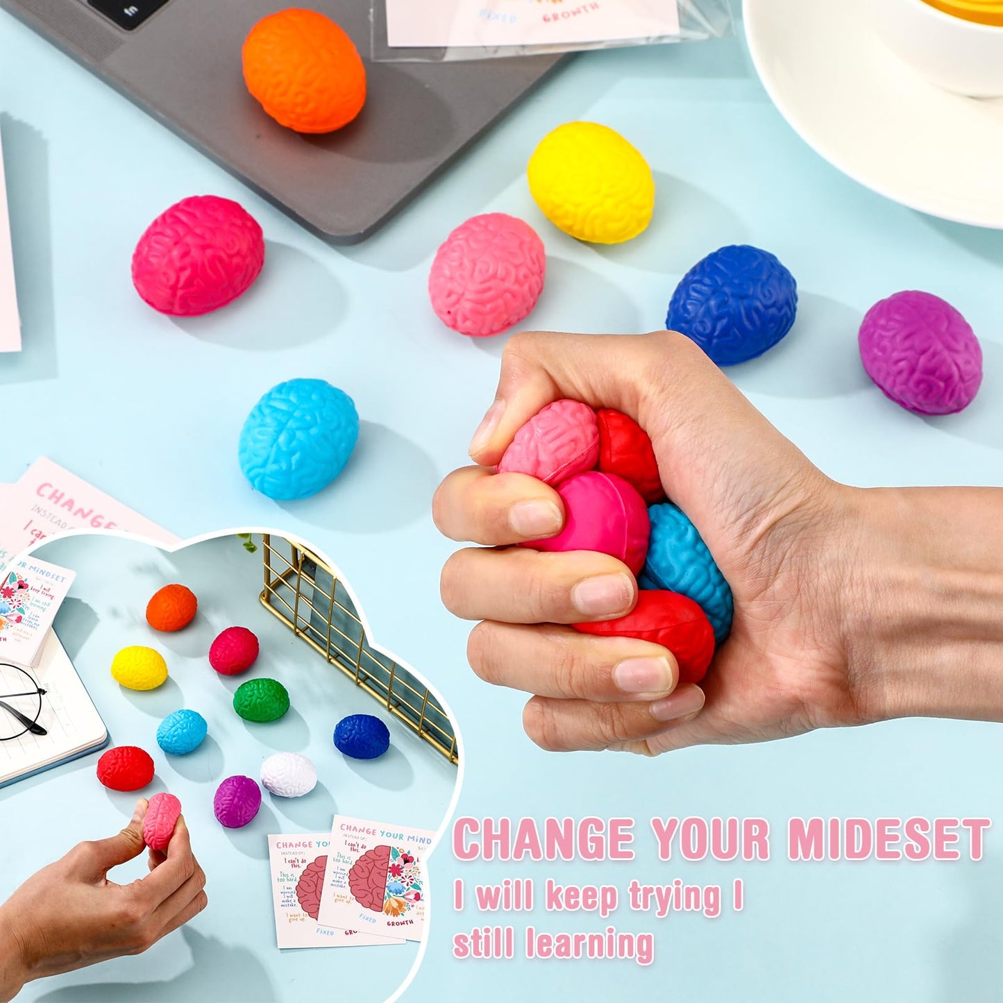 Hollowfly 30 Set Growth Mindset Gift Brain Stress Balls Bulk with Motivational Cards Back to School Stress Balls Gifts Funny Relief Toy for Students Classroom Employee Appreciation for Coworker