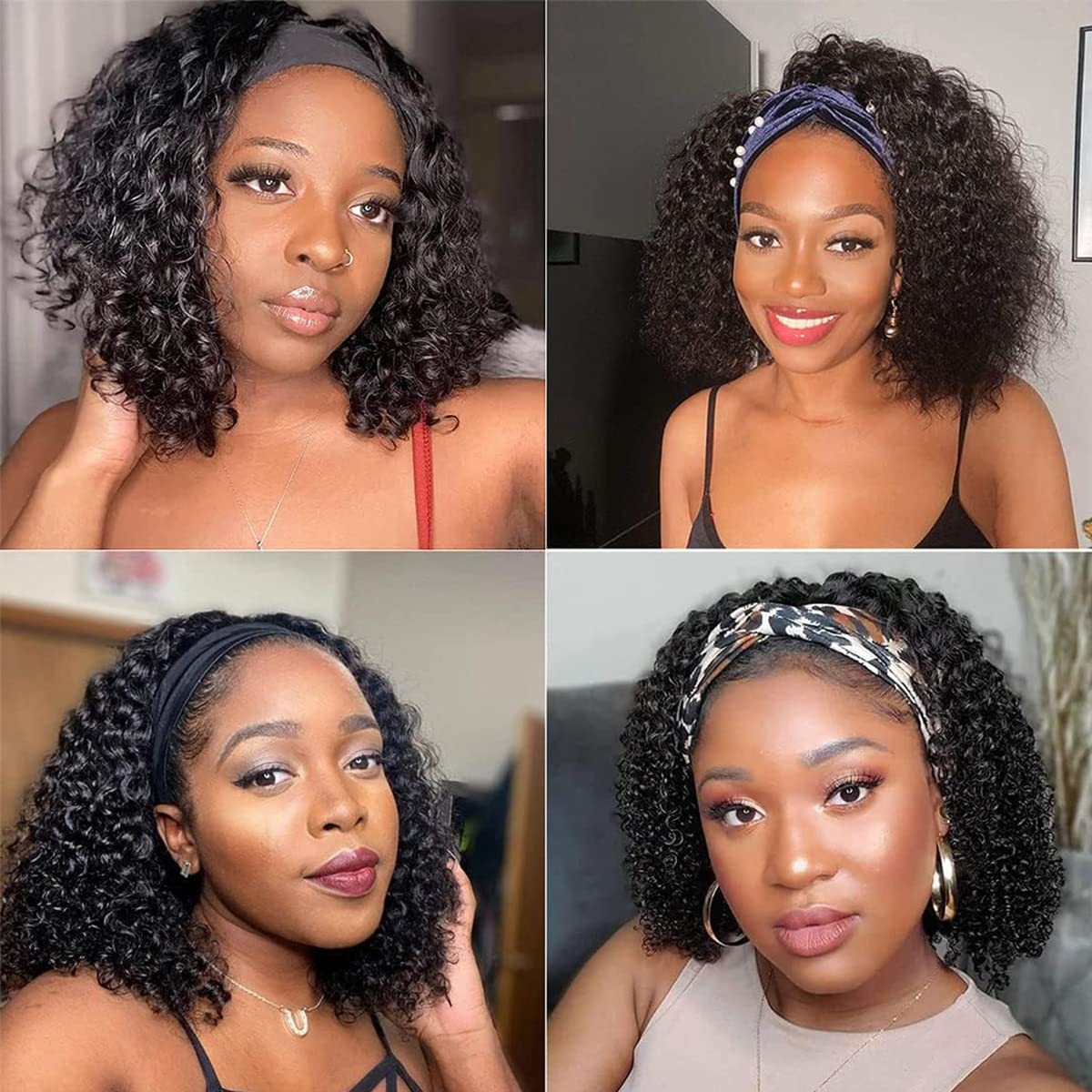Short Curly Headband Wigs Human Hair Wig for Black Women, Glueless Kinky Curly Weave Wigs 100% Unprocessed Hair None Lace Front Wigs Color 1B 150% Density (10", 1B, Curly)
