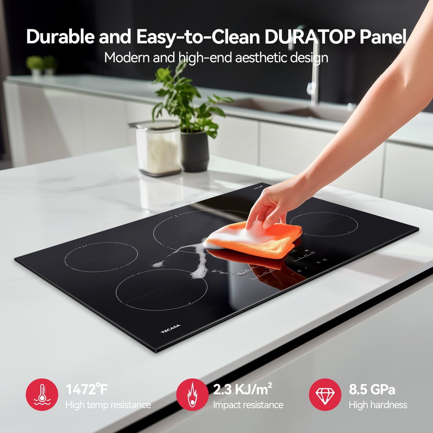 30 Inch Induction Cooktop 7400W, TECASA Built-in Induction Stovetop with 4 Boost Burner, Timer & Child Safety Lock, 9 Heating Level, Sensor Touch Control, 240V, Drop-in Electric Stove Top