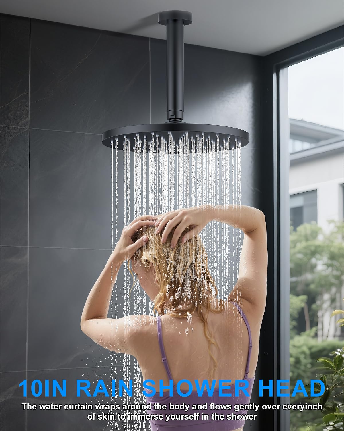 Shower System with Pressure Balance Valve, 10" Ceiling Mount Shower Faucet Set with 2 Rain Shower Head And Multi-function Handheld Head Push Button Diverter Pressure Balancing Valve Kit, Matte Black