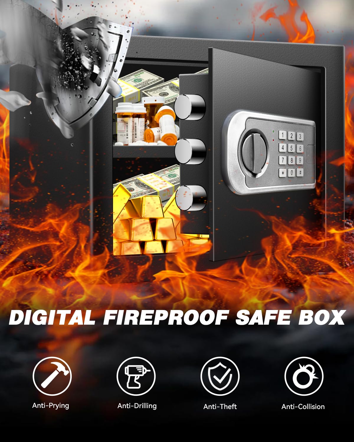 VaultHex Medium Safe Box for Home - 2.0 CuFt Mountable Cabinet with Motion Light & Dual Alarm, Digital Keypad & Override Key, Removable Shelf - Secure Black Storage for Money, Files, and Valuables