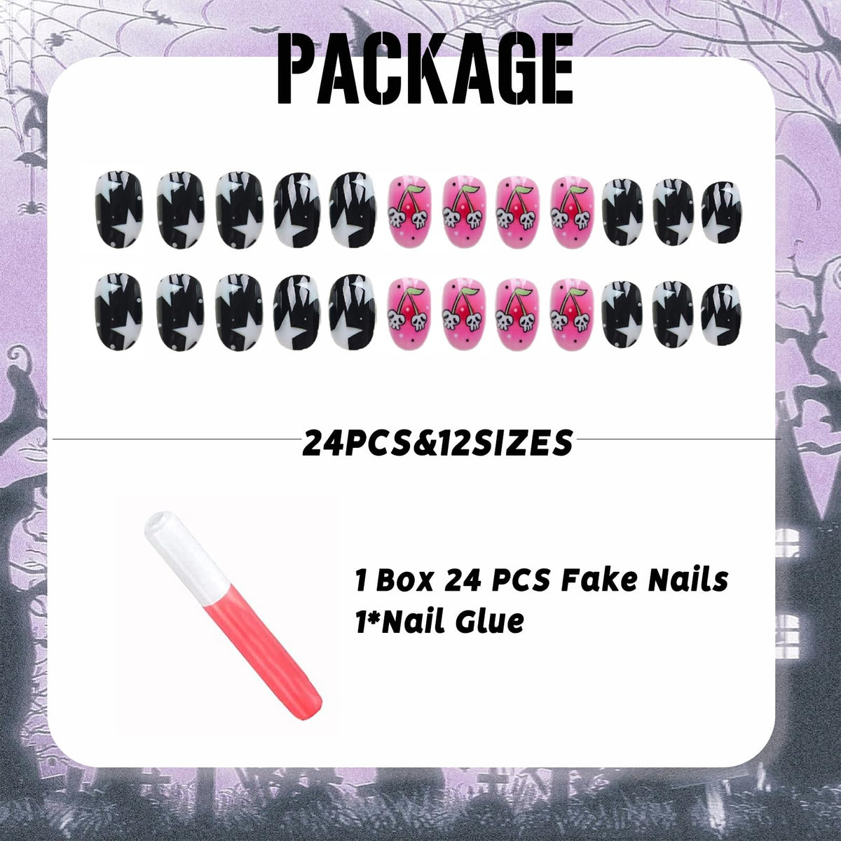 IMSOHOT Halloween Press on Nails - Short Oval Fake Nails, Pink Black, Cute Ghost Cherry Designs, Full Cover Round Acrylic False Nails for Women Girls 24Pcs