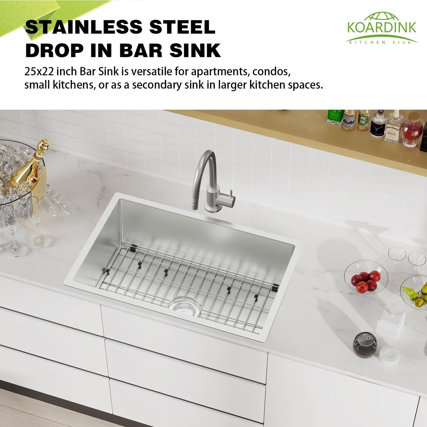 Stainless Steel Drop In Kitchen Sink - 27x18 Inch Modern Undermount Single Bowl - SS Grid, Spoon Rest, Drain Strainer Set