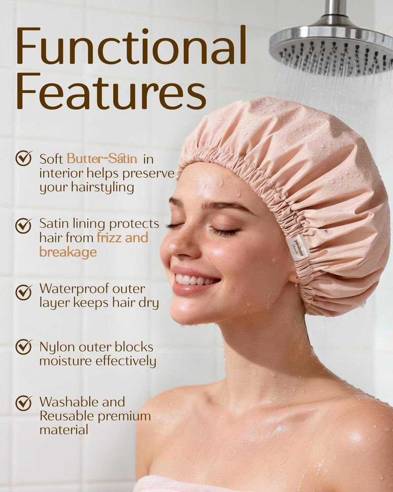 Yanibest Satin Lined Shower Cap for Women Reusable Waterproof, Frizz Free & Large Bath Cap with Soft Elastic Band, Luxury Hair Protection Caps (Peachy Pink)