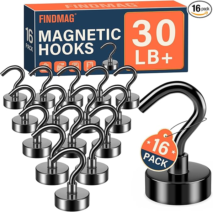 FINDMAG 16 Pack Magnetic Hooks, Black Neodymium Magnet Hooks, 30 LBS Strong Magnetic Hooks for Hanging, Magnet with Hooks for Home, Kitchen, Bathroom, Office