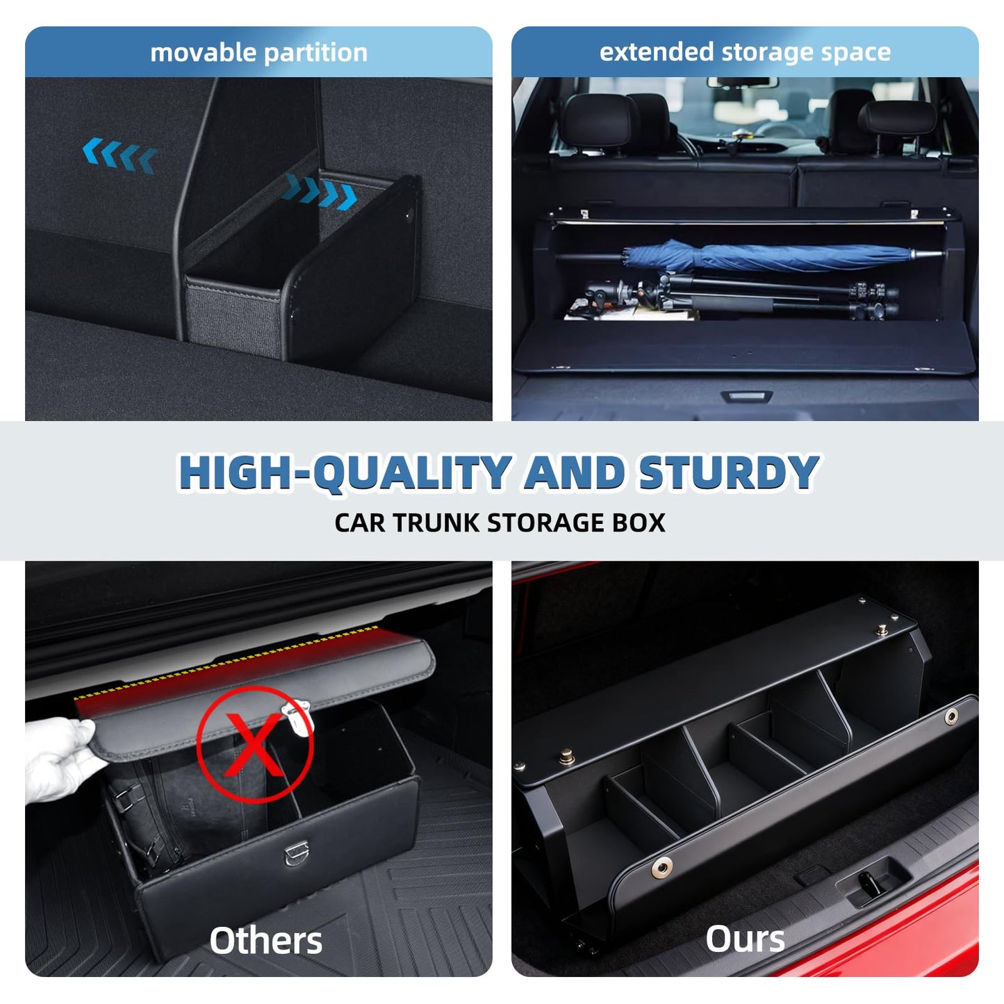 XCF Car Trunk Organizer, Leather Trunk Organizer with LED Light Car Storage Box with Lid and Push-pull Handle Organizer Trunk Storage for SUV, Trunk, Minivan (Black, 40.5 x 11.4 x 12.2in)