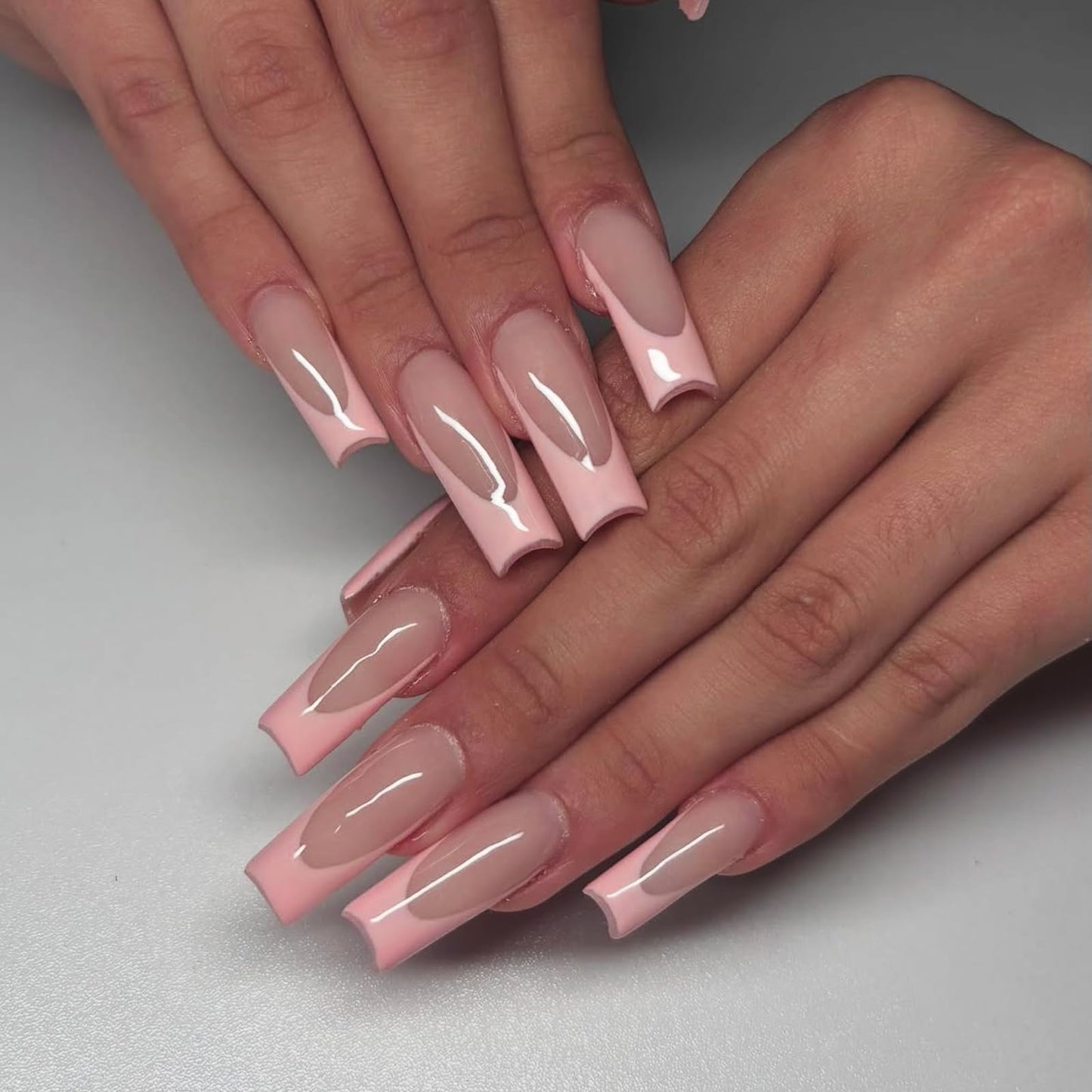 IMSOHOT Pink French Tip Press on Nails Long Square Fake Nails Nude Glossy Gel Glue on Nails Full Cover Acrylic False Nails for Women 24Pcs