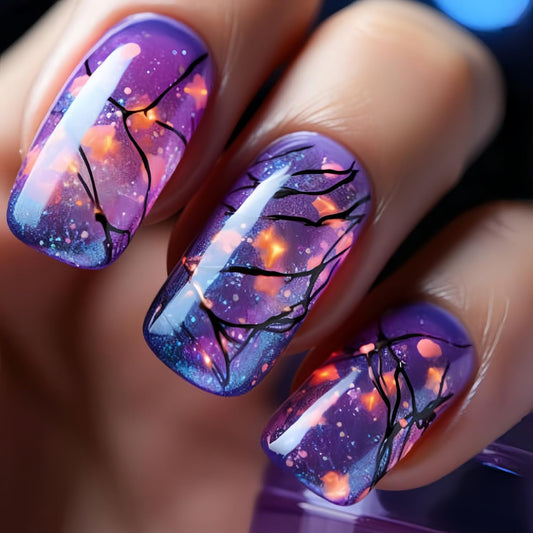 CJDLTS Press on Nails - Medium Purple Aurora Design, 24 Pcs Glossy Full Cover Acrylic Coffin Nails (Reusable Glue On, DIY Stick On)
