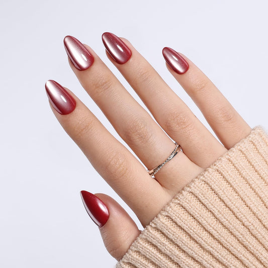 Red Cat Eye Press On Nails - Burgundy Short Almond Fake Nails, Dark Red Press On Nails Reusable Stick On Nails in 16 Sizes, 32pcs False Nail Kit for Women & Girls (Wine Chrome)