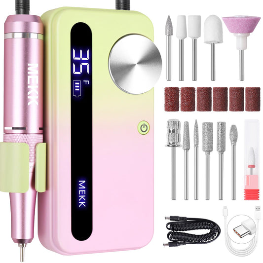 MEKK Nail Drill Kit,35000RPM Electric Nail Drill Professional Electric Nail File with 12PCS Bits,Anti-Shaking Cordless E Filer for Nails with LCD Display,Home & Salon (Pink-Green)