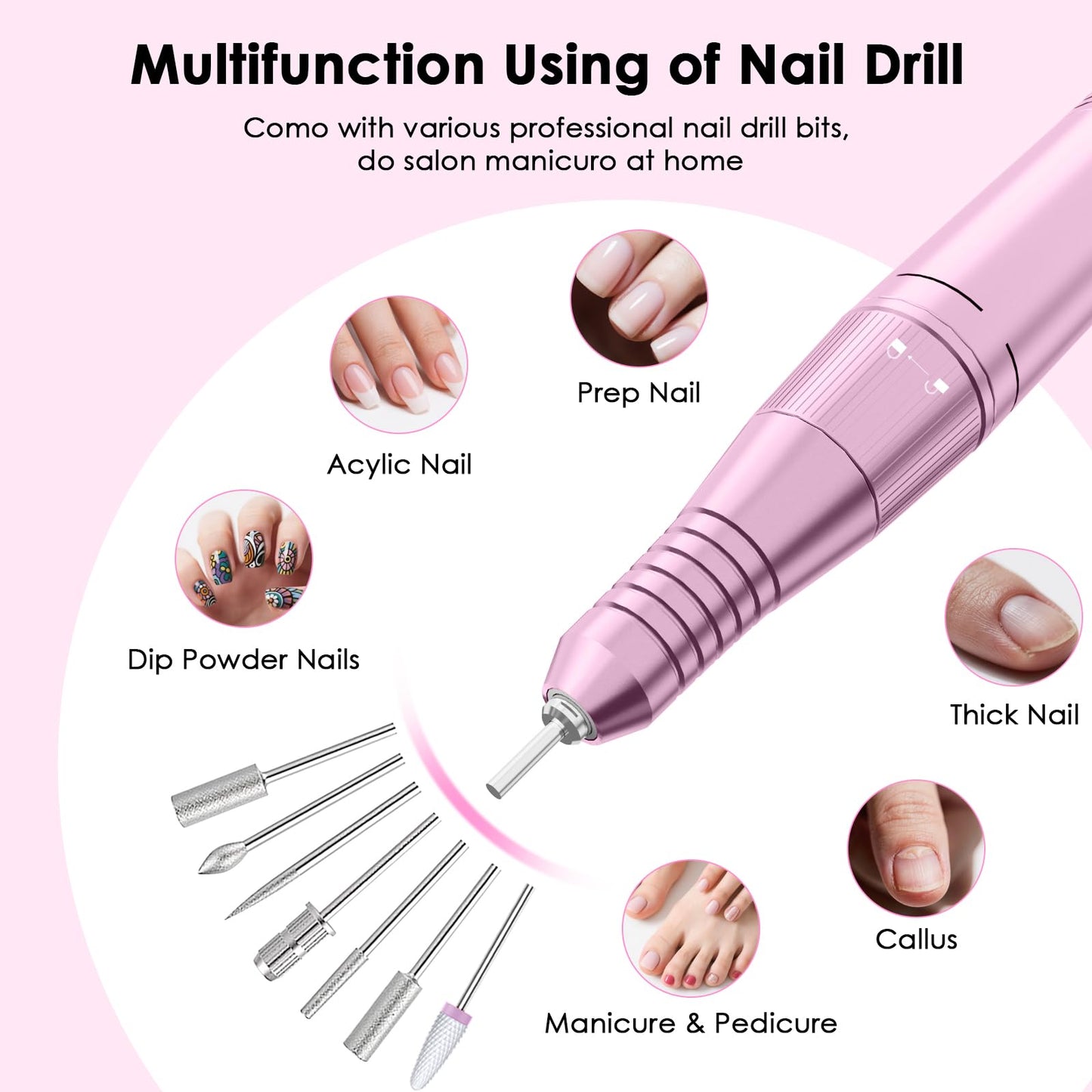 Professional Electric Nail Drill File, HUGMAPLE 45000RPM Portable E-File Machine with Bits & Base, Cordless Rechargeable Nail Drill Kit for Shaping, Removing & Polishing Gel Nails for Salon Home, Pink