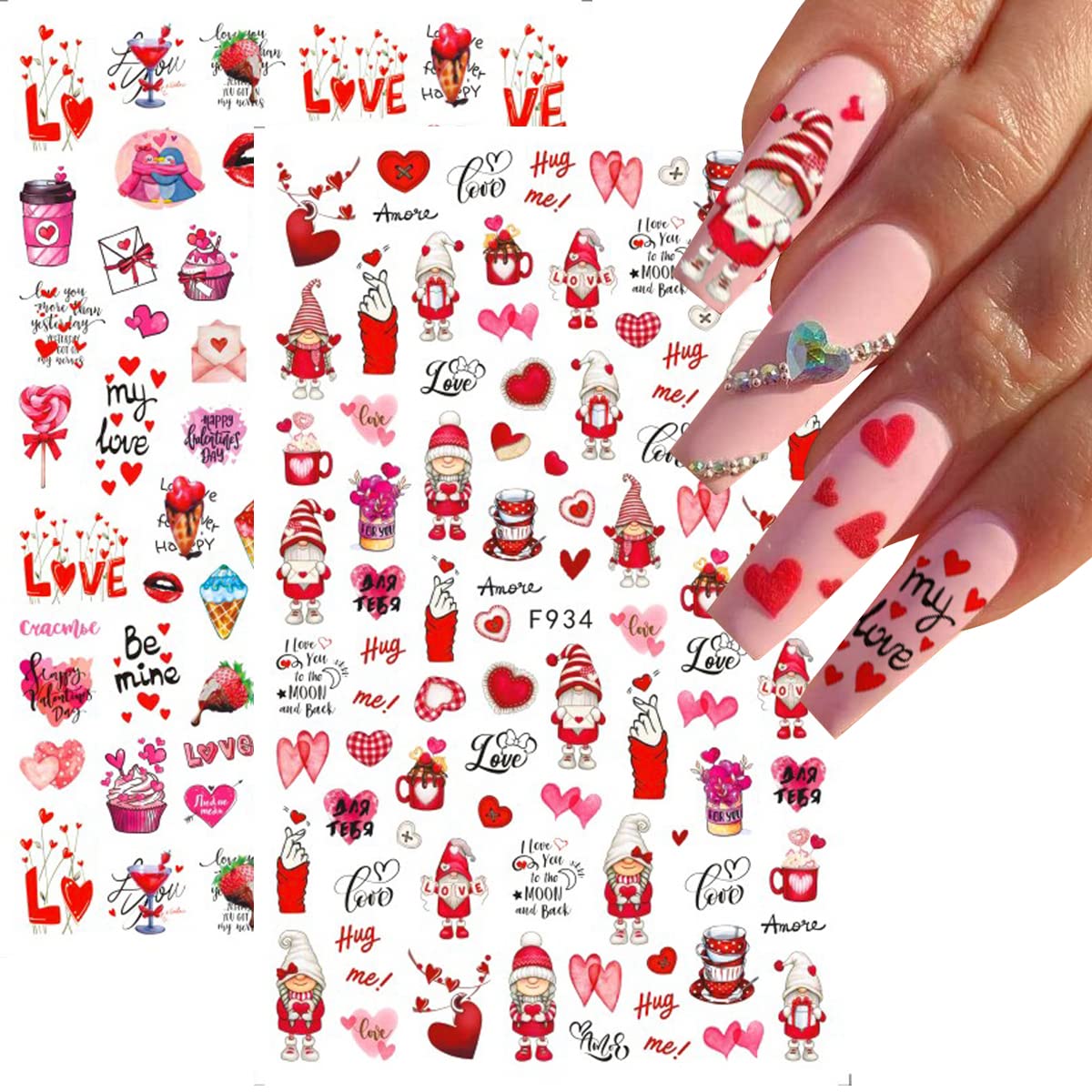 8 Sheets Valentine's Day Nail Art Stickers Decals,3D Self-Adhesive Nail Art Supplies Red Rose Lovers Lips Gnomes Designs Sticker Romantic Love Heart Manicure DIY Nail Decorations for Women Girls