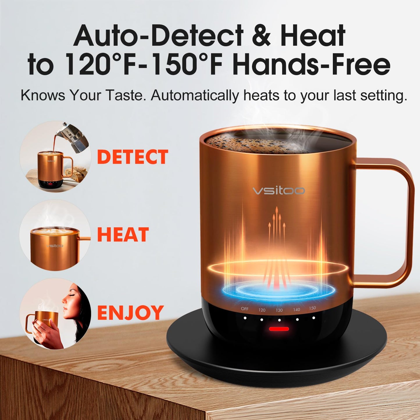 Vsitoo S3 Pro 14oz Smart Self Heating Coffee Mug,Heated Coffee Mug with Auto-Sensing AI Heats Drinks to 120-150°F Hands-Free.Perfect for Home/Office,Ideal Gift fo Men/Women，Copper