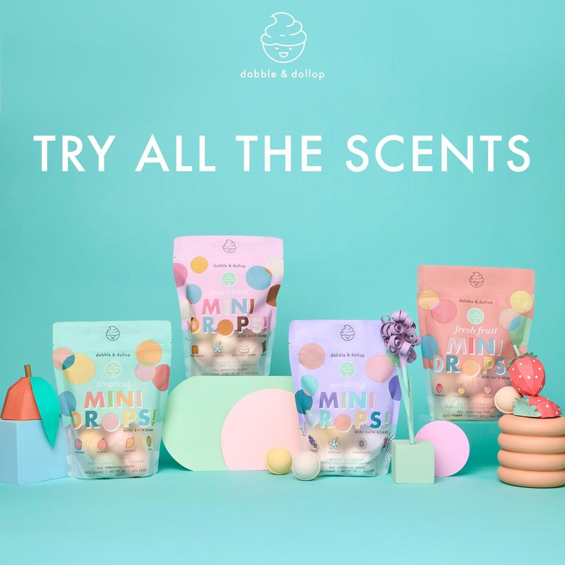 Dabble & Dollop Mini Bath Bombs, Fresh Fruit Scents - Natural Origin, Mixable Scents, Clean Ingredients, No Synthetic Dyes, Toddler & Kids Bath Bombs in Resealable Pouches (Set of 24)